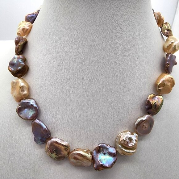 Large Keshi Baroque Pearl Necklace And Bracelet Set, Rainbow Colors 925  SS - Picture 1 of 15